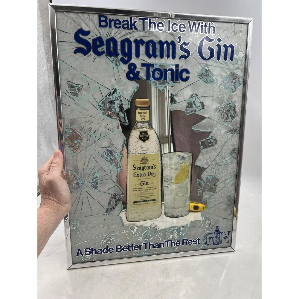 Seagram's Gin Tonic Bar Mirror Sign Glass Break Ice Vintage Barware 23x17 Decor